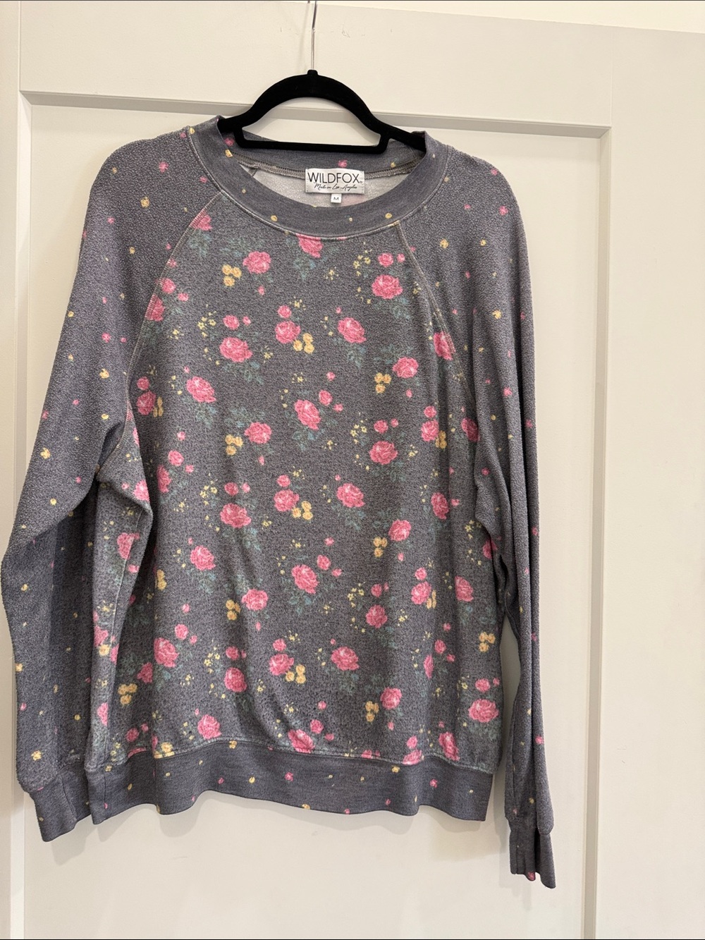 Wildfox Gray Crewneck Sweater with Pink Rose Print